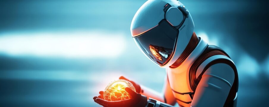 Robot explorer uncovering a mysterious alien artifact glowing with energy