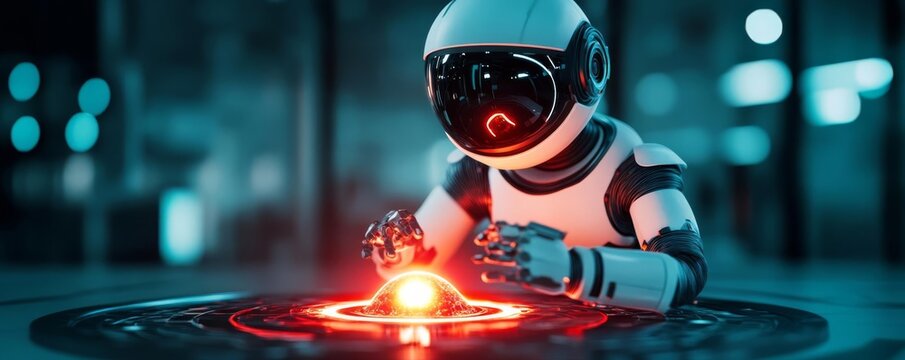 Robot explorer uncovering a mysterious alien artifact glowing with energy