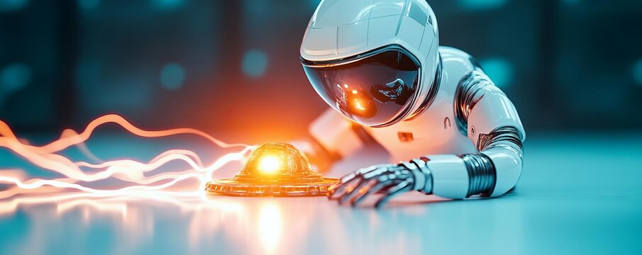 Robot explorer uncovering a mysterious alien artifact glowing with energy