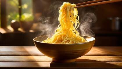 yellow noodles are being lifted from a bowl releasing a warm steam