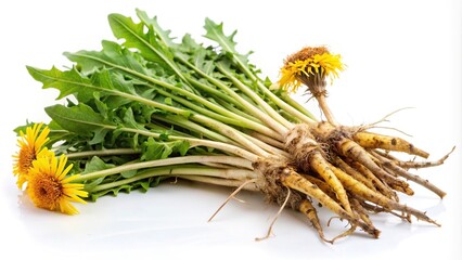 Close-Up Fresh Taraxacum officinale roots isolated on white background