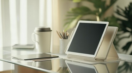 An iPad mockup sits on a glass desk surrounded by elegant stationery and a coffee mug