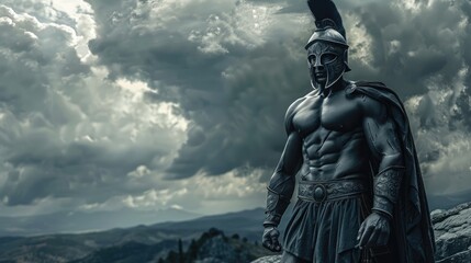 Muscular male warrior in spartan helmet and breastplate standing on rocky ledge overlooking mountain landscape on cloudy day.
