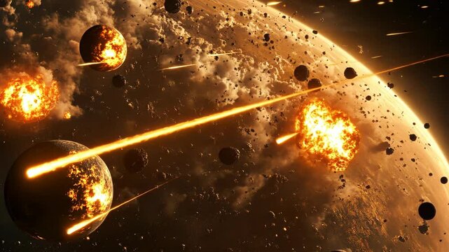 A fiery asteroid collides with a planet, causing a massive explosion