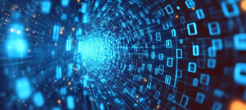 Abstract digital tunnel of binary code. Futuristic perspective of blue light flowing data stream
