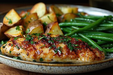 A plate of chicken kiev, breaded chicken breasts filled with garlic butter, served with roasted potatoes and green beans