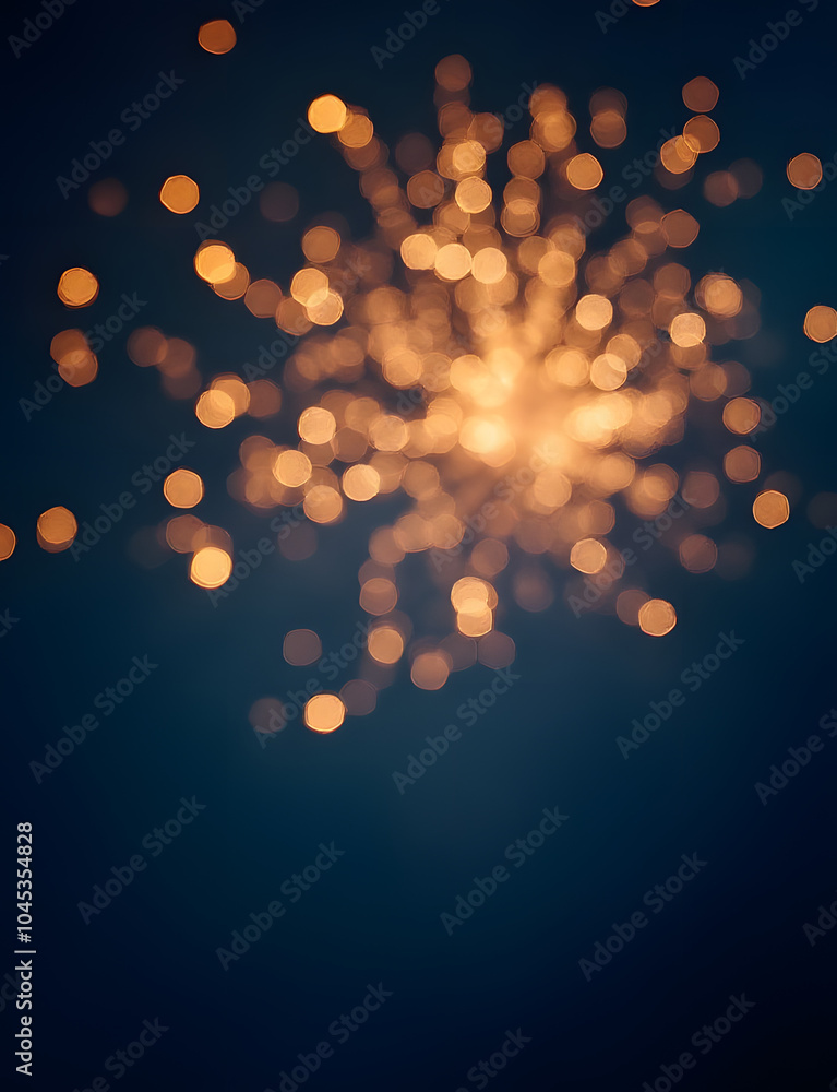 Poster Fireworks light up gold and dark blue with abstract bokeh over a holiday backdrop of copy space.