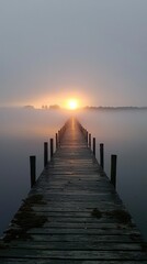 Fototapeta premium Misty Wooden Pier at Sunrise Over Calm Water