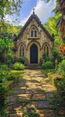 Obraz premium Antique Chapel Surrounded by Lush Greenery and Architecture
