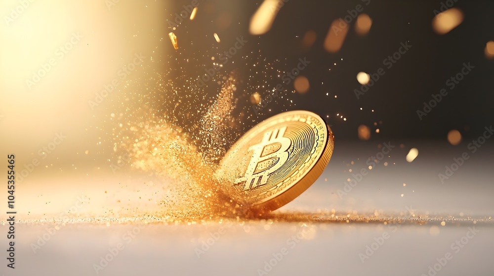 Poster bitcoin coin splitting apart with digital light beams - symbolic transformation representing uncerta