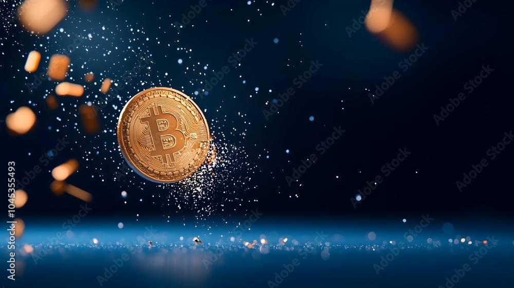 Poster bitcoin coin splitting apart with digital light beams - symbolizing uncertain future and digital ass