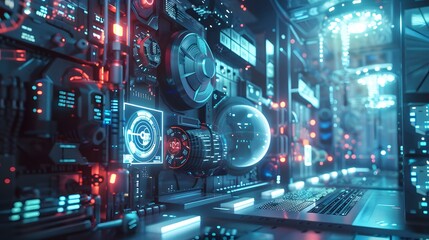 Futuristic technology room with glowing blue and red lights.