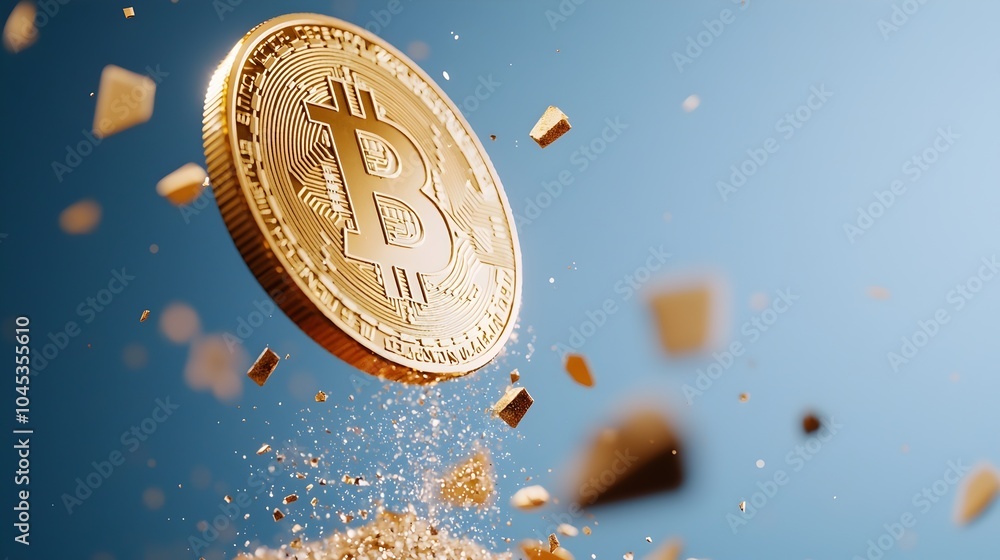 Aufkleber shattered bitcoin coin in cosmic void - ethereal cryptocurrency fragmentation and abstract financial