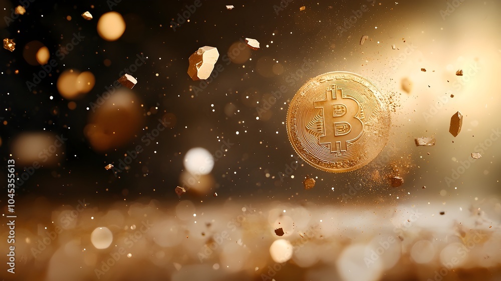 Aufkleber fragmented bitcoin coin floating in cosmic void - abstract representation of cryptocurrency breakdow