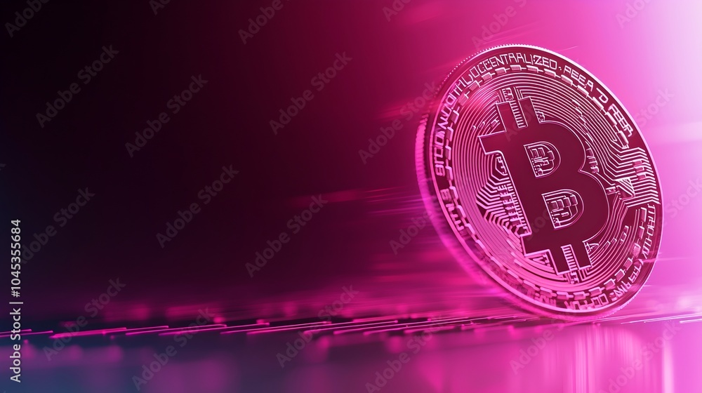 Aufkleber dissolving bitcoin with glitch effects - fragmented pixels over a digital skyline illustrating crypt