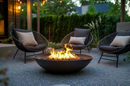 Fire pit is burning during the summer evening with designers relaxing in chairs around it