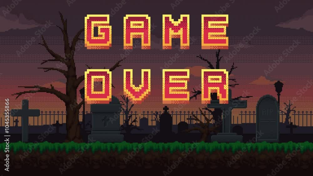 Poster animated retro pixel art game over text on cemetery landscape. seamless loop animation of 2d video g