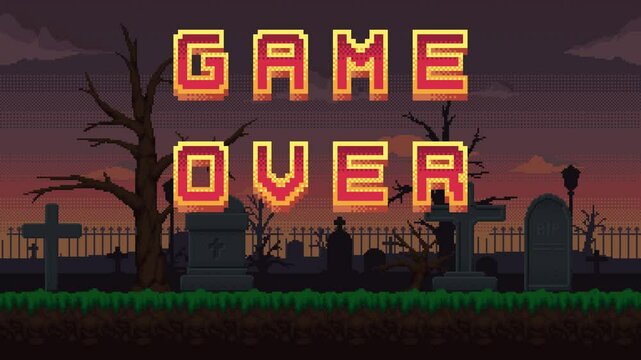 Animated retro pixel art Game Over text on cemetery landscape. Seamless loop animation of 2d video game Graveyard background with tombstones, crosses and dry trees against clouds floating on sky.