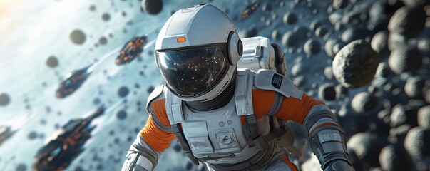 Naklejka premium Robot pilot flying through a dense asteroid field, pursued by alien ships