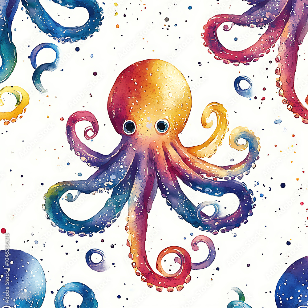 Poster colorful octopuses create vibrant underwater scene in this seamless pattern. playful design features