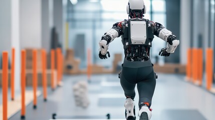 Fototapeta premium Innovative robot running in a modern facility, showcasing advanced technology and automation in motion.
