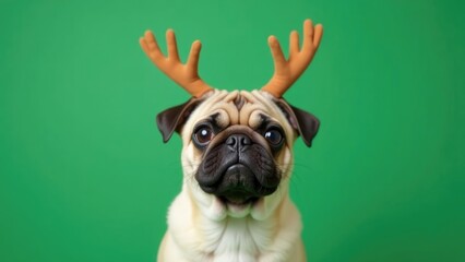 Obraz premium A festive pug wearing reindeer antlers against a vibrant green background with copy space. Festive Christmas background 