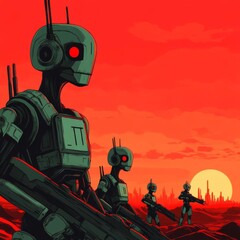 Robot soldiers defending a human colony from alien invaders under a red sky