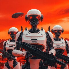 Robot soldiers defending a human colony from alien invaders under a red sky