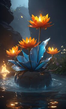 the image of stylized fantastic flowers made of water and fire, resembling a mystical phoenix