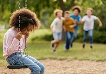 Sad girl sitting alone on a swing feeling excluded while other children are playing together