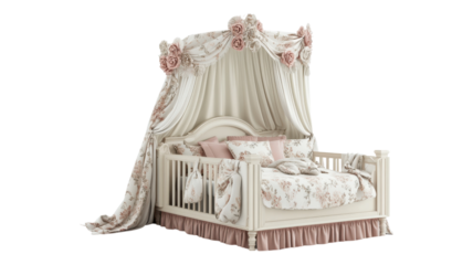 Elegant canopy bed designed in pastel colors with floral patterns, perfect for a child's bedroom or nursery decor.