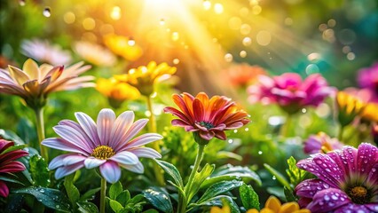 Obraz premium Close up shot of flowers with water droplets on petals in a garden with sunlight, tilted angle