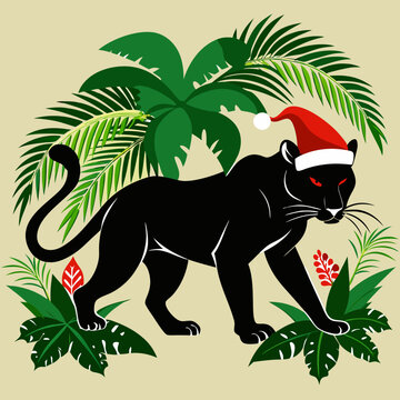 recommend clip art: A stealthy silhouette of a panther prowling through the jungle, a Santa hat