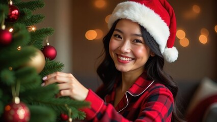 A young happy Asian woman in a Christmas cap and plaid pajamas decorating a Christmas tree at home. Concept of festive mood and Christmas atmosphere