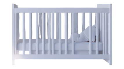 A serene nursery featuring a cozy white crib with a peaceful baby resting, ideal for nurturing and sleep in a calming environment.