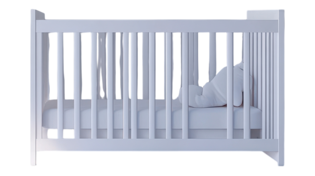 A serene nursery featuring a cozy white crib with a peaceful baby resting, ideal for nurturing and sleep in a calming environment.