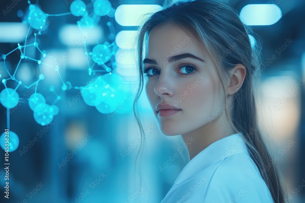 Poster young scientist in a lab exploring molecular structures while concentrating intently on research