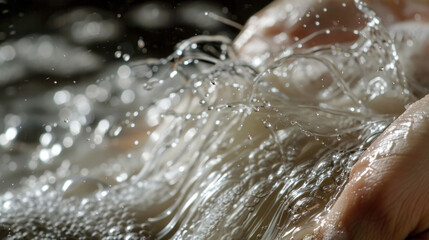 Fototapeta premium Conditioner foam being rinsed off, with soft, glistening strands reflecting the effectiveness of the product
