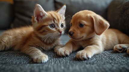 Adorable kittens and puppies playing together, showcasing playful interactions and joyful behavior. Featuring heartwarming moments of pet activities. Ideal for pet interaction and playful content.
