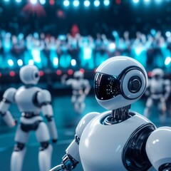 Obraz premium Robots battling in a futuristic arena, holographic crowds cheering in the background