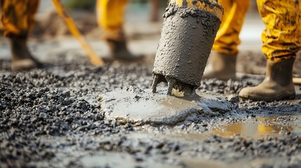 Workers pouring fresh concrete at a construction site showcasing the process of building infrastructure and urban development