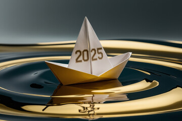 Origami paper boat with numbers 2025 on the water with golden lights. AI generated