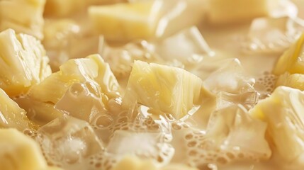 Tropical Bliss Smoothie, vibrant pineapple chunks and refreshing ice cubes blended in a creamy coconut milk base, perfect for a refreshing summer treat or energizing snack.