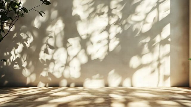 Blurred overlay effect for and mockups. Wall texture with organic drop diagonal shadow and rays of light on a white wall. shadows for natural light . Video