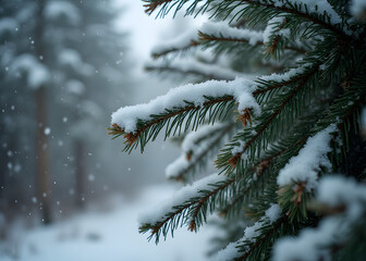 Falling snow on pine tree branches creates a festive winter scene for Christmas holiday decorations.