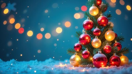 Fototapeta premium Garland of Transparent Glass Balls Filled with Neon Golden Lights in a Christmas Tree Shape, Set Against a Festive Blurred Pastel Blue Background for Holiday Cheer