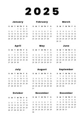 Calendar 2025, Week Starts Sunday, One Page A4. Design Planner Template. Print. 