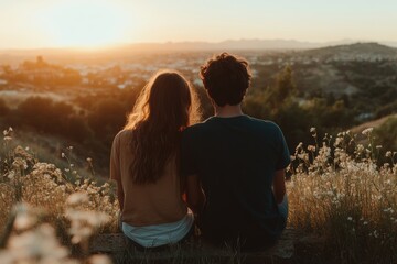 Fototapeta premium A couple sits together on a hilltop, watching the sun set over a distant city. The peaceful, romantic moment captures love and serenity in nature.