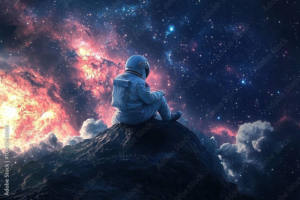 Sticker back view astronaut in a white spacesuit and helmet sits on a rock on an alien planet and looking on