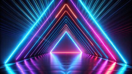 Naklejka premium Close-Up Abstract neon lights create a dynamic pattern with triangular shapes in a dark background